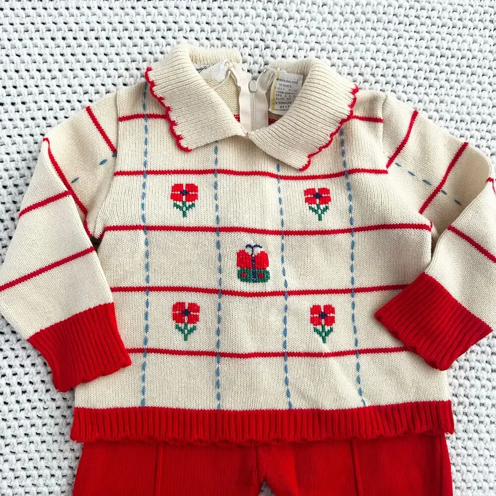 Little Angel Red Cream Two Piece Cottage Floral Knit Sweater Pants Set 2 Toddler